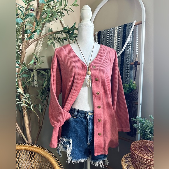 Vintage Lauren Brooke Pink Waffle Knit Thermal Button Down Top - Picture 1 of 7